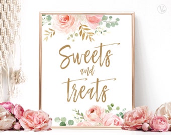 Sweets and Treats Sign, Printable Sweets & Treats Sign, Desserts Sign, DIY Bridal Shower Sign, Blush Pink Floral, VWC95