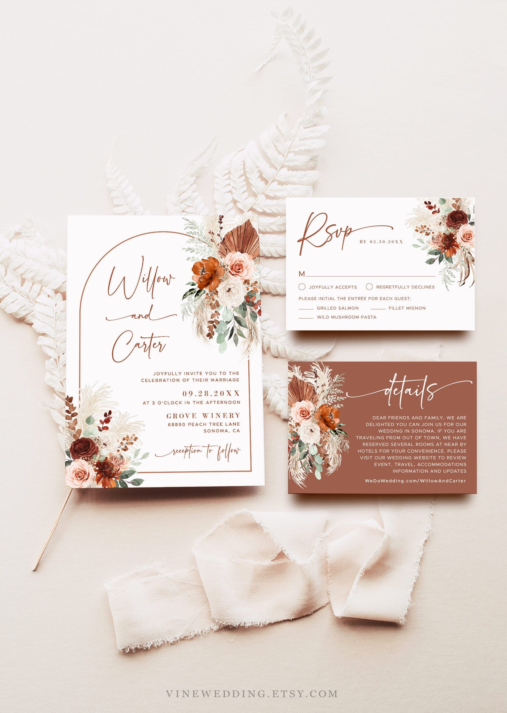 Boho Pampas Wedding Invitation Set, Printable Arch Wedding Invitation Template, Terracotta, Rust, Editable Invitation, Floral, VWC72