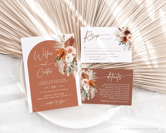 Boho Wedding Invitation Set, Editable Wedding Invitation Bundle, Printable, Terracotta, Rust Orange, Pampas, Boho, Palm, Floral, VWC72