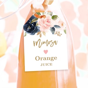 Mimosa Bar Juice Tags, Editable Mimosa Bar Juice Tag Template, Bridal Shower, Wedding, Printable, Juice Tags, Navy, Pink, Floral, VWC78