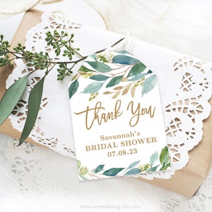 Thank You Favor Tags, Printable Bridal Shower Favor Tag Template, Editable, Leaves, Boho Greenery, Gold, VWC79
