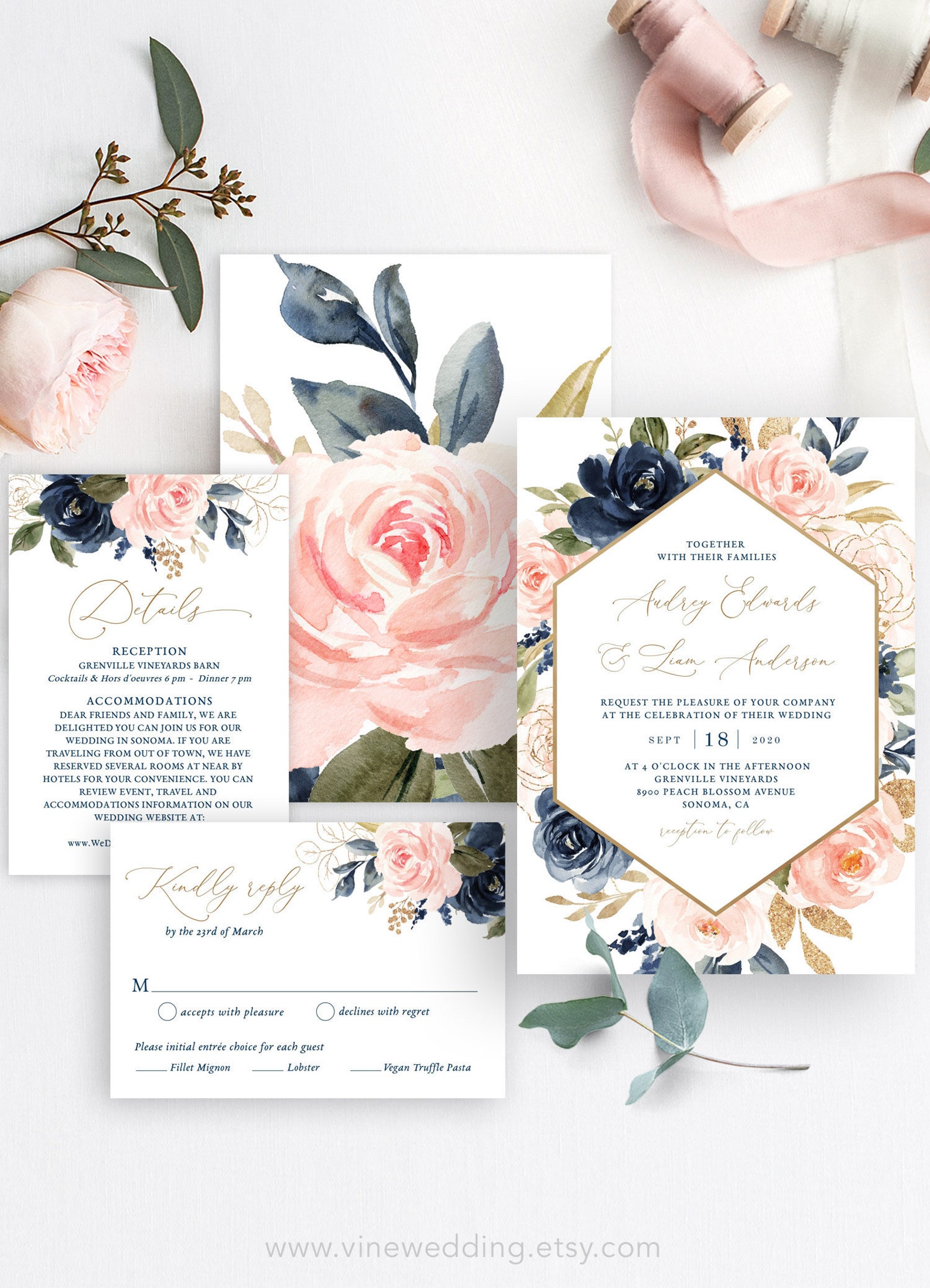 Navy and Pink Floral Wedding Invitation Set Printable Wedding | Etsy