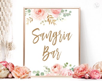 Blush Pink Floral Sangria Bar Sign, Printable Sangria Bar Sign, Wine, Bridal Shower Sangria Bar Sign, Floral, Gold, VWC95