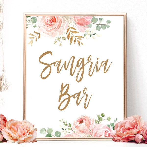 Blush Pink Floral Sangria Bar Sign, Printable Sangria Bar Sign, Wine, Bridal Shower Sangria Bar Sign, Floral, Gold, VWC95