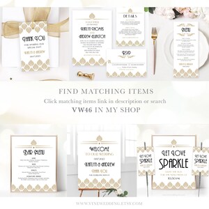 K&ouml;nnte beinhalten: Ein Set Hochzeitsschriftgut mit einem goldenen und wei&szlig;en Art-Deco-Design. Das Schriftgut umfasst ein Willkommenszeichen, eine Barkarte, eine Dankeskarte, ein Men&uuml;, eine Detailkarte und eine RSVP-Karte. Der Text auf dem Schriftgut enth&auml;lt die Namen "Kaitlyn & Andrew" und das Datum "06172023".