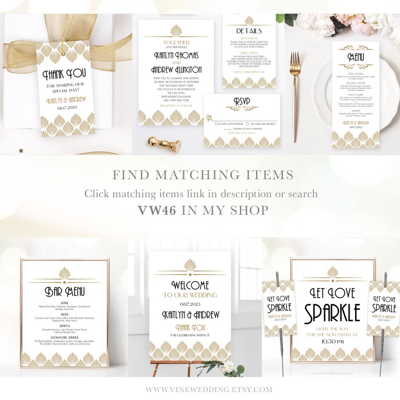 K&ouml;nnte beinhalten: Ein Set Hochzeitsschriftgut mit einem goldenen und wei&szlig;en Art-Deco-Design. Das Schriftgut umfasst ein Willkommenszeichen, eine Barkarte, eine Dankeskarte, ein Men&uuml;, eine Detailkarte und eine RSVP-Karte. Der Text auf dem Schriftgut enth&auml;lt die Namen "Kaitlyn & Andrew" und das Datum "06172023".