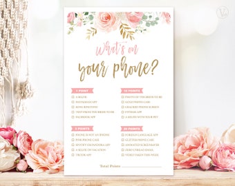 Bridal Shower Game, What's on your Phone, Printable Bridal Party Games, Bridal Shower Games, Blush Pink Floral, VWC95