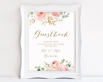 Wedding Guestbook Sign, Printable Guest Book Sign Template, Editable Wedding Guestbook Sign, Blush Pink Floral, VWC94