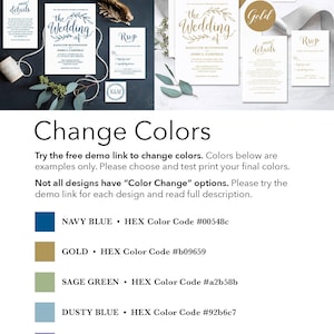 K&ouml;nnte beinhalten: Eine Vorlage f&uuml;r eine Hochzeitseinladung mit einer Farbpalette in Marineblau, Gold, Salbeigr&uuml;n, Staubblau und Lavendel. Der Text auf der Einladung lautet "the wedding of" mit einem floralen Design. Die Einladung enth&auml;lt auch die Texte "details", "RSVP" und "K&J".