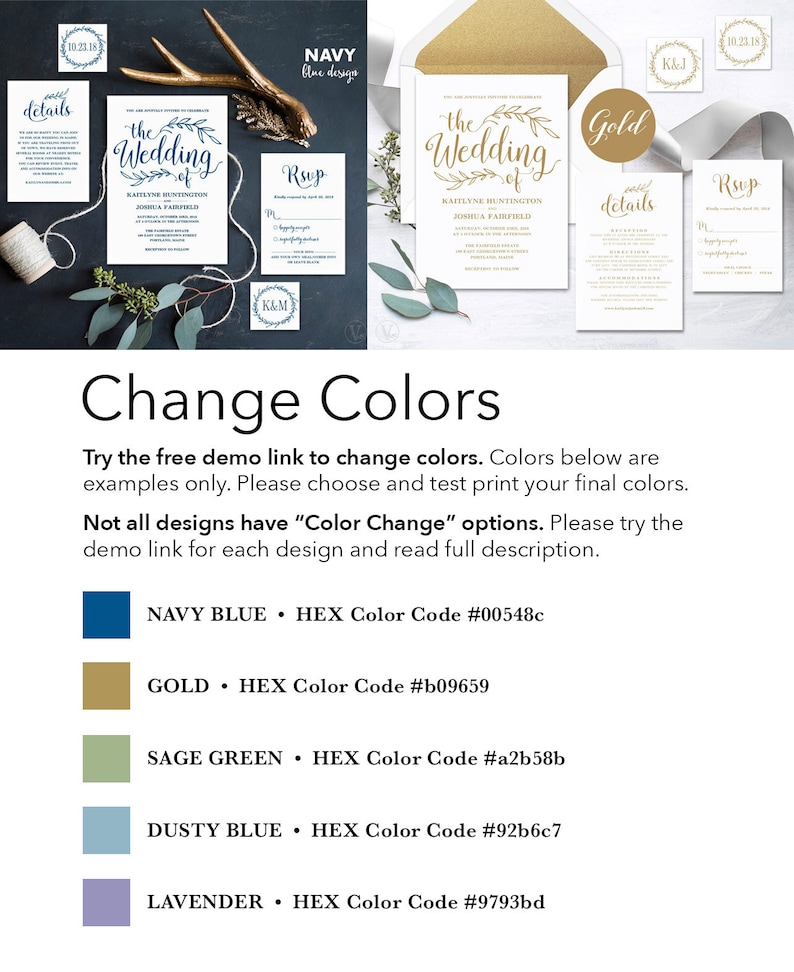 K&ouml;nnte beinhalten: Eine Vorlage f&uuml;r eine Hochzeitseinladung mit einer Farbpalette in Marineblau, Gold, Salbeigr&uuml;n, Staubblau und Lavendel. Der Text auf der Einladung lautet "the wedding of" mit einem floralen Design. Die Einladung enth&auml;lt auch die Texte "details", "RSVP" und "K&J".