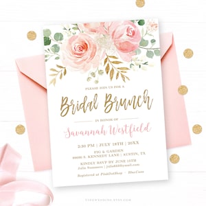 Blush Pink Floral Bridal Brunch Invitation Template, Editable, Printable Bridal Shower Brunch Invitation, Blush Pink and Gold, VWC95 image 1