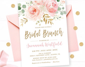 Blush Pink Floral Bridal Brunch Invitation Template, Editable, Printable Bridal Shower Brunch Invitation, Blush Pink and Gold, VWC95