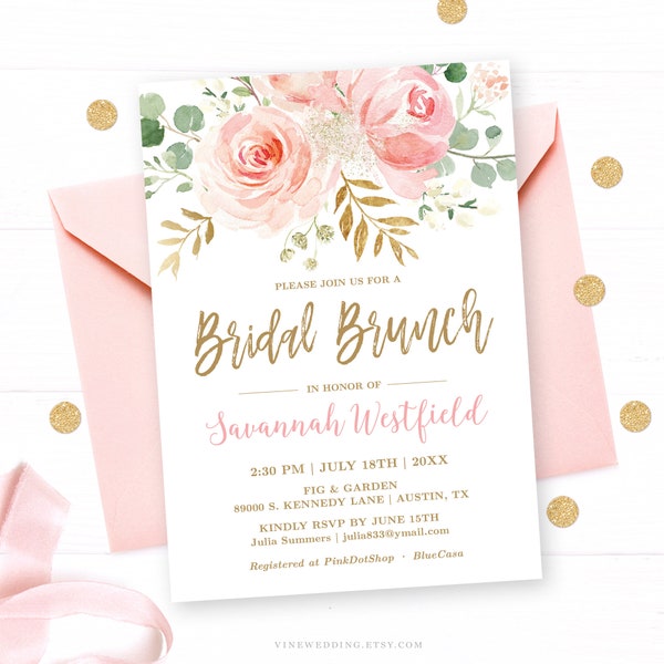 Blush Pink Floral Bridal Brunch Invitation Template, Editable, Printable Bridal Shower Brunch Invitation, Blush Pink and Gold, VWC95