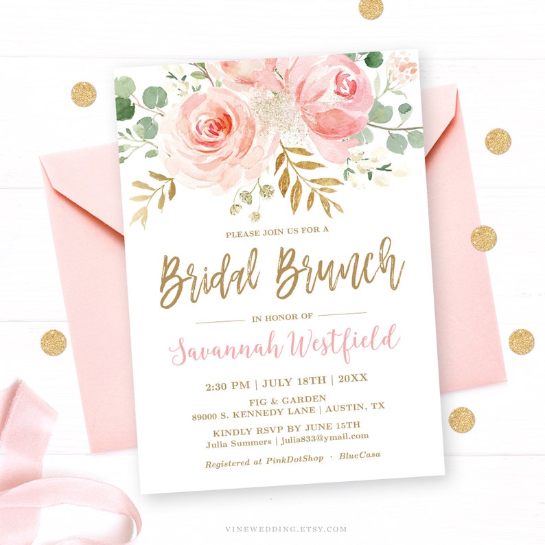 Blush Pink Floral Bridal Brunch Invitation Template, Editable, Printable Bridal Shower Brunch Invitation, Blush Pink and Gold, VWC95 image 1