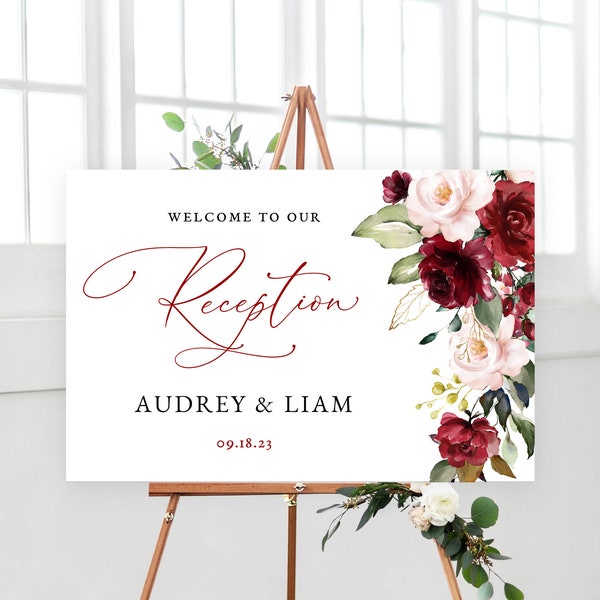 Reception Welcome Sign, Printable Reception Sign Template, Calligraphy Wedding Sign, Fall, Landscape, Wine, Burgundy Pink Floral, VWT14