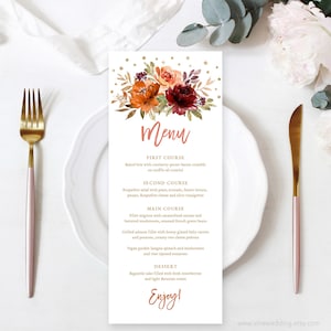 Printable Fall Menu, Editable Menu Template, Wedding, Bridal Shower, Tall, Tea Length, Autumn, Sienna, Burnt Orange, Floral, VWC76, VWC74
