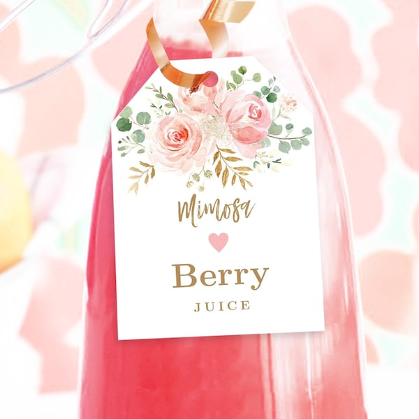 Mimosa Bar Juice Tags, Printable Mimosa Bar Juice Tag Template, Bridal Shower or Wedding, Juice Labels, Blush Pink Floral, VWC95