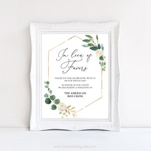 In Lieu of Favors Sign, Printable In Lieu of Favors Wedding Sign Template, Greenery Wedding, Editable, 8x10, Modern Greenery, VWT10