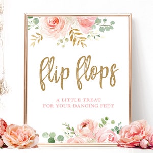 Flip Flops Sign, Printable Flip Flops Favors Sign, Bridal Shower Flip Flops Dancing Feet Sign, Blush Pink Floral, VWC95