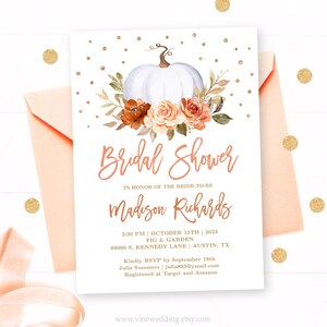 Editable Fall Bridal Shower Invitation Template, Printable Bridal Shower Invitation, Fall, Autumn, Pumpkin, Floral, VWC75