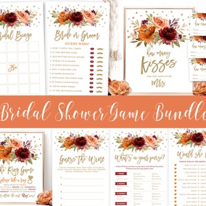 Fall Bridal Shower Game Bundle, Printable Games, Bingo, How Many Kisses, The Ring Game, Bingo & More! Fall, Autumn, Floral, Gold, VWC76