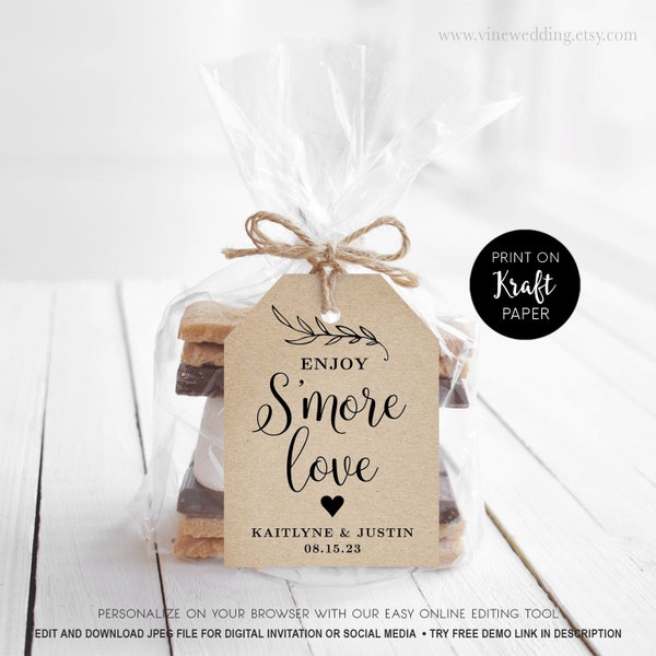 Enjoy S'more Love Favor Tags, Printable Wedding Favor Tag Template, Enjoy S'mores Favor Tag, Rustic, Vintage Wedding, VW01