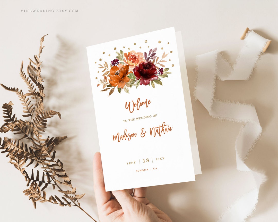 Folded Fall Wedding Program Template, Editable, Burnt Orange, Burgundy ...