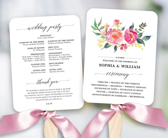 Lush Floral Wedding Program Fan Template Printable Fan Etsy