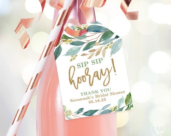 Sip Sip Hooray! Champagne or Wine Bottle Favor Tags, Printable Bridal Shower Favor Tag Template, Editable, Boho Greenery, VWC79, VWC77