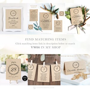 May include: A set of printable wedding stationery in a rustic style. The set includes a welcome sign, a wedding invitation, a RSVP card, a table number card, and a guest book sign. The design features a wreath with leaves and the initials "S+N". The text on the welcome sign reads "Welcome to the Wedding of Savannah & Nathan". The text on the wedding invitation reads "The Wedding of Savannah Hamilton & Nathan Anderson". The text on the RSVP card reads "RSVP". The text on the table number card reads "Table 28". The text on the guest book sign reads "Guestbook Please sign and leave your well wishes for the newlyweds Savannah & Nathan".