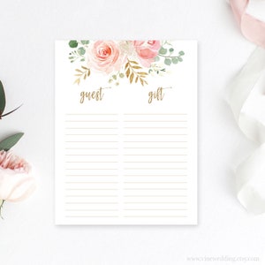 Printable Gift List, Blush Pink Floral, Printable Bridal shower Gift List, 8.5x11, Floral, Gold, VWC95