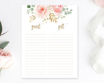 Printable Gift List, Blush Pink Floral, Printable Bridal shower Gift List, 8.5x11, Floral, Gold, VWC95