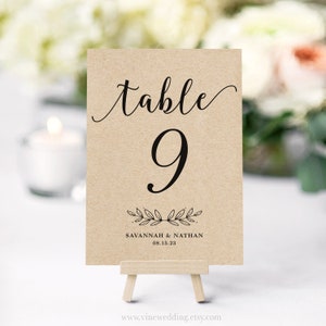 Printable Wedding Table Number Card Template, Wedding Table Numbers, Editable, 5x7 or 4x6, Rustic, Kraft, Modern Calligraphy VWC88