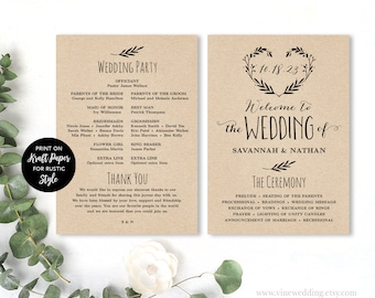 Editable Wedding Program Template, Printable Modern Rustic Wedding Program, 5x7, Kraft, DIY, Heart Wreath, VW08