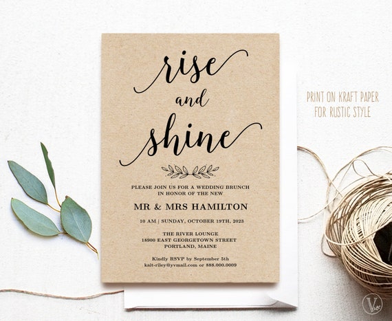 Wedding Brunch Invitation, Printable Wedding Brunch Card, Simple and Modern, Rise and Shine, Editable Text, Modern Calligraphy, VWC88