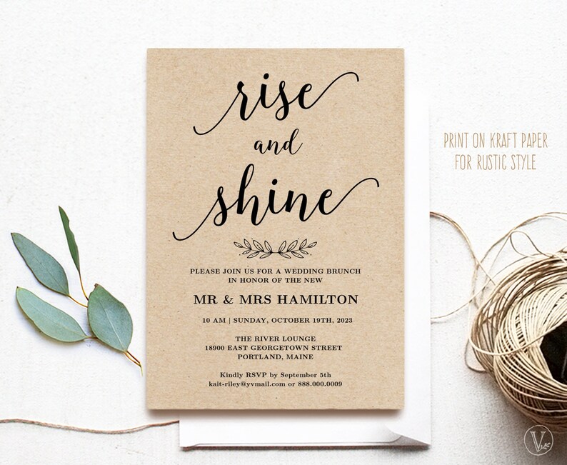Wedding Brunch Invitation, Printable Wedding Brunch Card, Simple and Modern, Rise and Shine, Editable Text, Modern Calligraphy, VWC88 zdjęcie 1