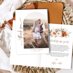Folded Photo Wedding Thank You Card, Editable Wedding Thank You Card Template, Portrait, Boho, Arch, Rust, Burnt Orange, Terracotta, VWC72