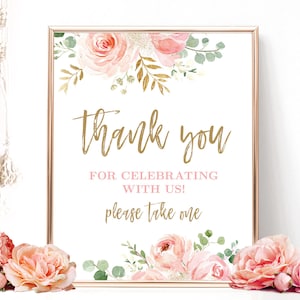 Thank You for Celebrating With Us, Favors Sign, Printable Favors Sign, Bridal Shower Sign, Blush Pink Floral, Gold, VWC95