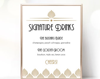 Art Deco Signature Drinks Sign, Editable Signature Drinks Sign Template, Printable, Wedding, Gatsby, Gold, Shell, VW46