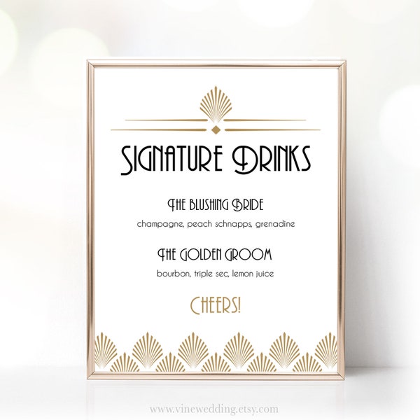 Art Deco Signature Drinks Sign, Editable Signature Drinks Sign Template, Printable, Wedding, Gatsby, Gold, Shell, VW46