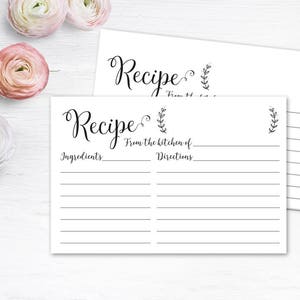 May include: Printable recipe card with a black and white design. The card has a title that says "Recipe from the kitchen of" with lines for ingredients and directions.