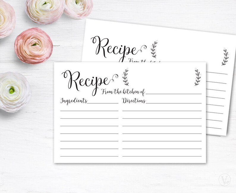 May include: Printable recipe card with a black and white design. The card has a title that says "Recipe from the kitchen of" with lines for ingredients and directions.