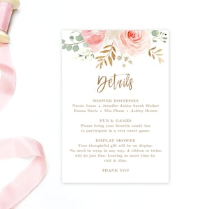 Details Card Template, Printable Bridal Shower Details Card, Information Card, Blush Pink and Gold, VWC95