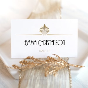 Editable Wedding Place Card Template, Printable Art Deco Wedding Place Cards, Escort Cards, Gatsby, Gold, Shell, 3.5x2, VW46