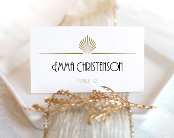 Editable Wedding Place Card Template, Printable Art Deco Wedding Place Cards, Escort Cards, Gatsby, Gold, Shell, 3.5x2, VW46