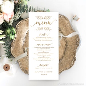 Gold Wedding Menu Template, Elegant Printable Menu, Editable Text ...