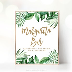 Margarita Bar Sign, Printable Margaarita Bar Sign, Bridal Shower, Tropical, Greenery, Palm, Leaves, Gold, VWC81