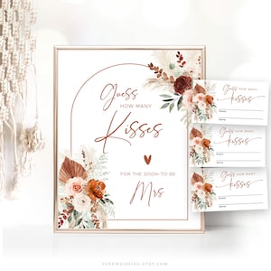 Guess How Many Kisses Are in the Jar, Bridal Shower Game Sign and Answer Cards, Printable, Editable, Boho, Pampas, Terracotta, Floral, VWC71