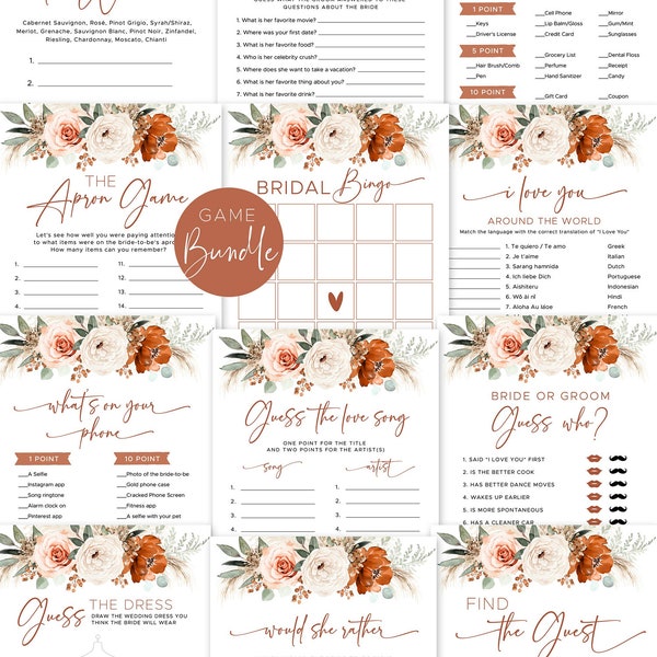 Editable Bridal Shower Game Bundle, Boho Bridal Shower Game Bundle, Printable Bridal Shower Games, Terracotta, Rust, Pampas, Floral, VWC71