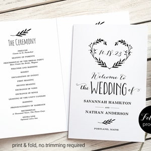 Editable Bifold Wedding Program Template, Wedding Program Template, Printable Wedding Program, Rustic, Heart Wreath, VW08